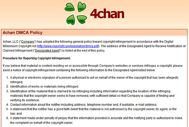 4chan has introduced a formal takedown request policy in line with the Digital Millennium Copyright Act. [via TorrentFreak]