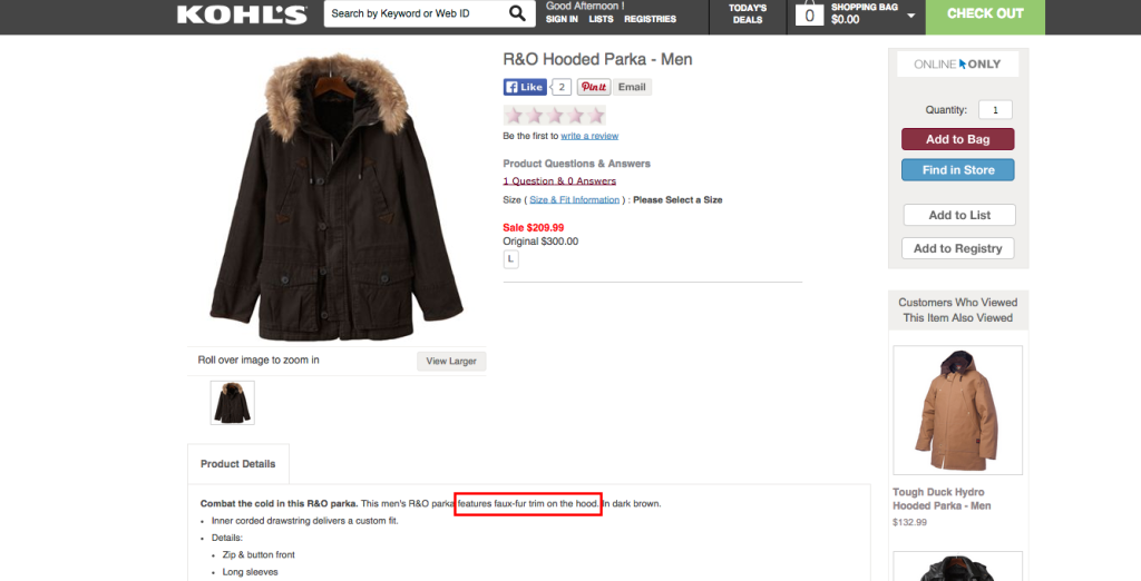 The parka as it appeared this morning on Kohls.com. It has since been removed.