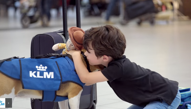 Sherlock the beagle receives a hug from a little boy after returning the stuffed toy he left on an airplane. 