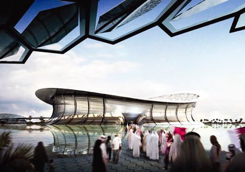 A rendering of the under-construction stadium in Lusail, Qatar, that is intended to play host to the opening and closing games of the 2022 FIFA World Cup. 