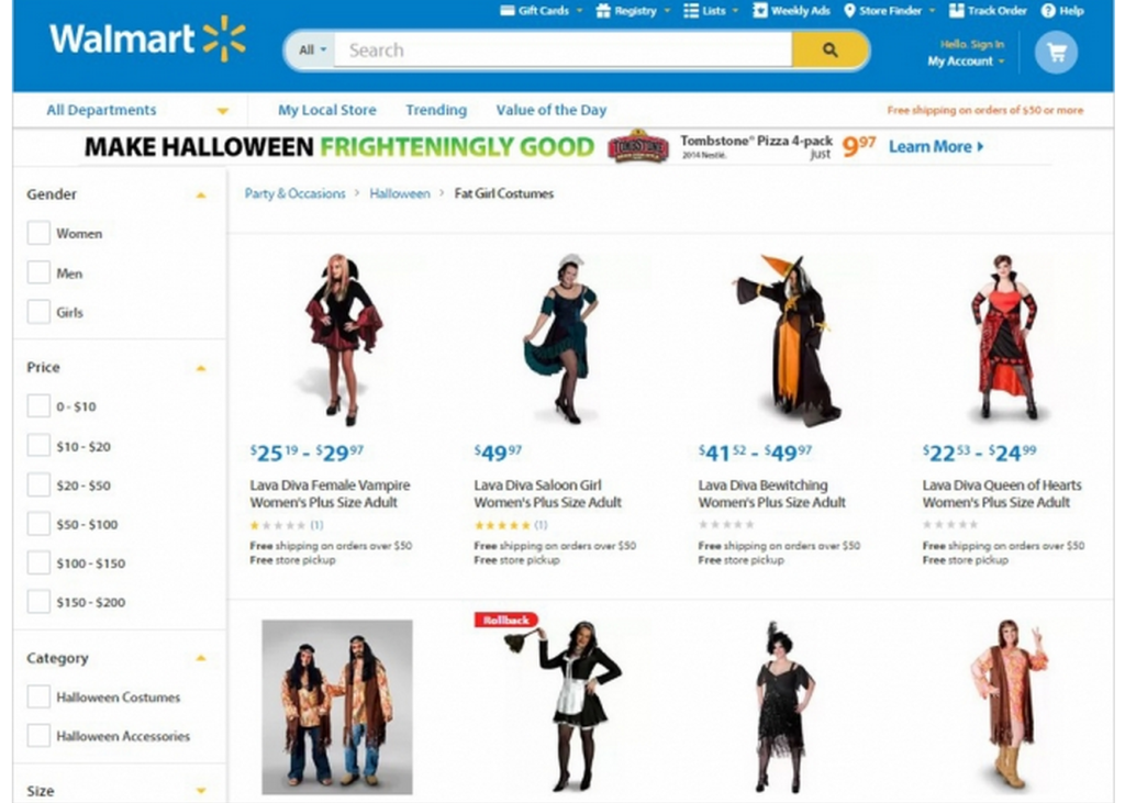 As of Monday morning, Walmart.com still featured a "Fat Girl Costumes" section. It has since been replaced.