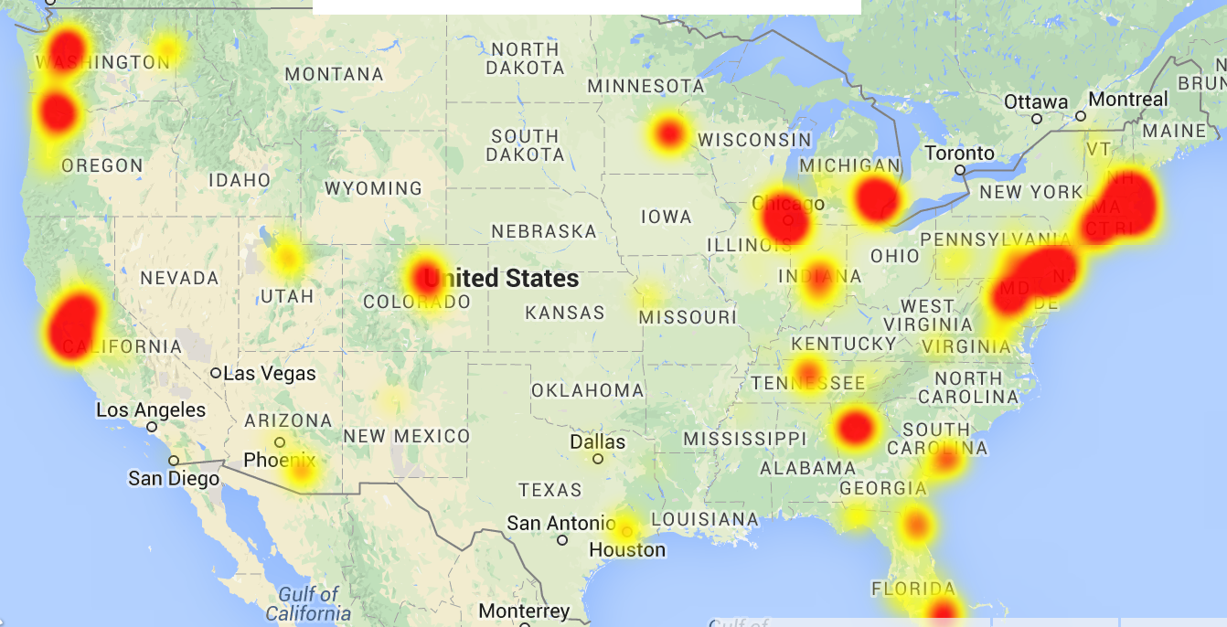 The red marks on this heatmap from DownDetector.com indicate complaints about Comcast service as of dinner time on Wednesday.