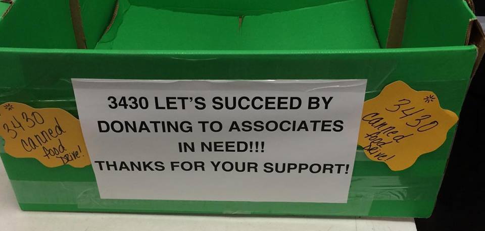 The group Making Change at Walmart says this donation box has been placed in an Oklahoma store asking employees to donate food for their co-workers in need.
