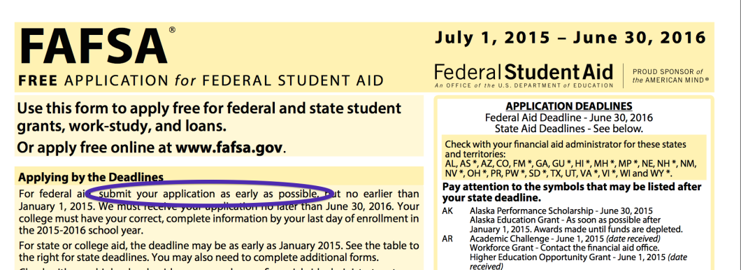 FAFSA deadlines vary wildly from state to state and from school to school, so it just makes sense to get yours filled out right away.