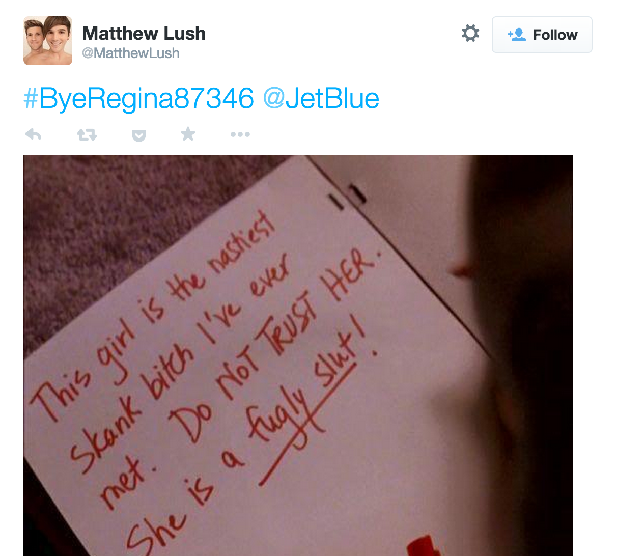 One of the Tweets that ultimately led to JetBlue refusing to allow the passenger to board.