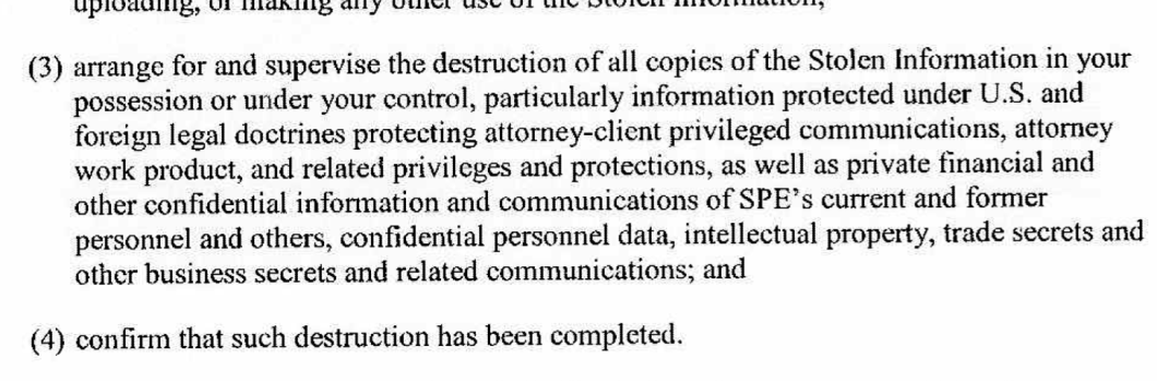 From the letter sent by Sony's lawyers to reporters who may have written about or accessed files stolen in the recent hack.