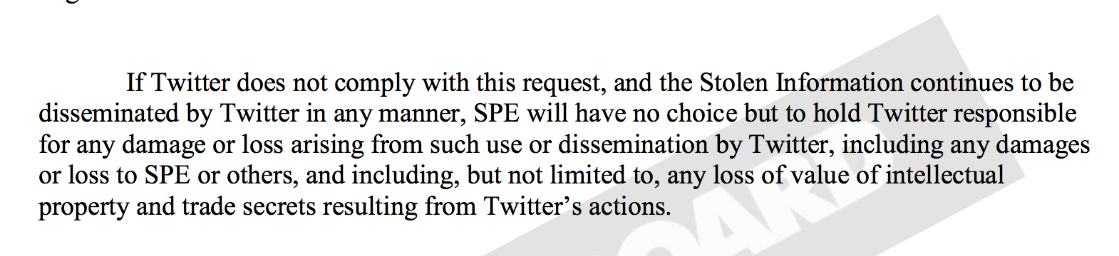 From the letter sent by Sony's lawyer to Twitter's general counsel.