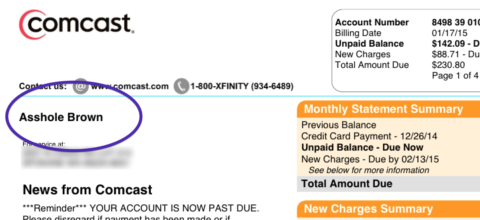 The "A**hole Brown" bill that was published last week and caused other Comcast customers to notice their account names had been tweaked. (Image via Elliott.org)