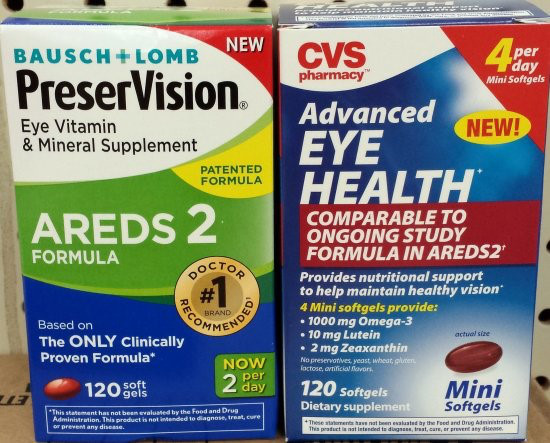The Bausch + Lomb product on the left actually contains the eye health formula detailed in the NIH studies. The CVS product on the right mentions the formula, but lacks many of the essential components.