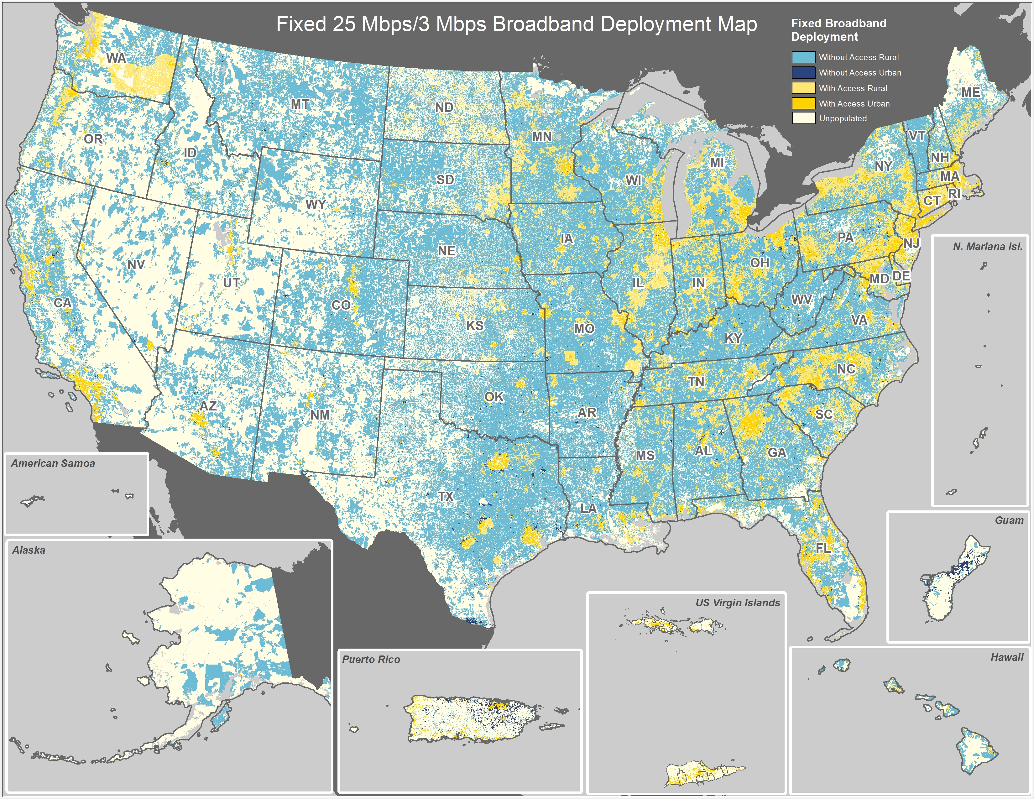 The FCC's map of 25 Mbps broadband deployment as of January, 2015. Yellow areas are served; blue are unserved.