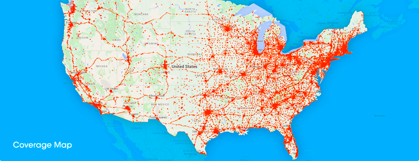 FreedomPop's coverage area as shown on their website. 