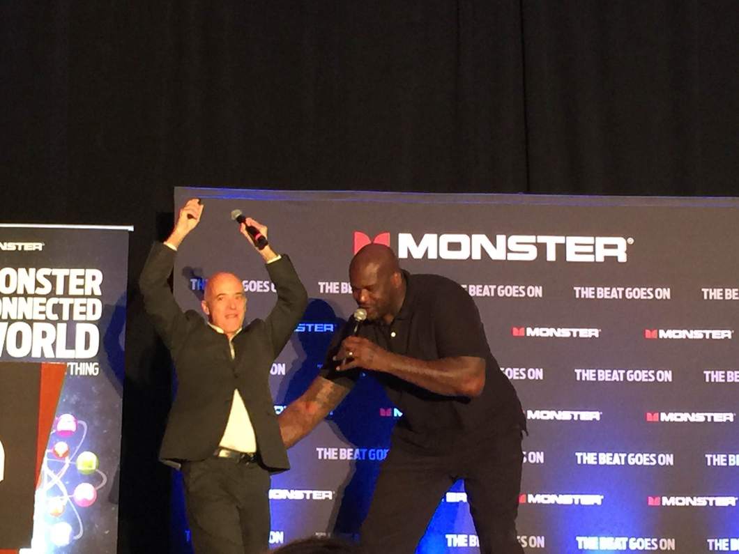 Shaquille O'Neal announced Monster's newest wireless speaker, the SuperStar BackFloat, during CES. He then attempted to drop a beat while Monster director of product development Vern Smith dropped it like it was hot. 