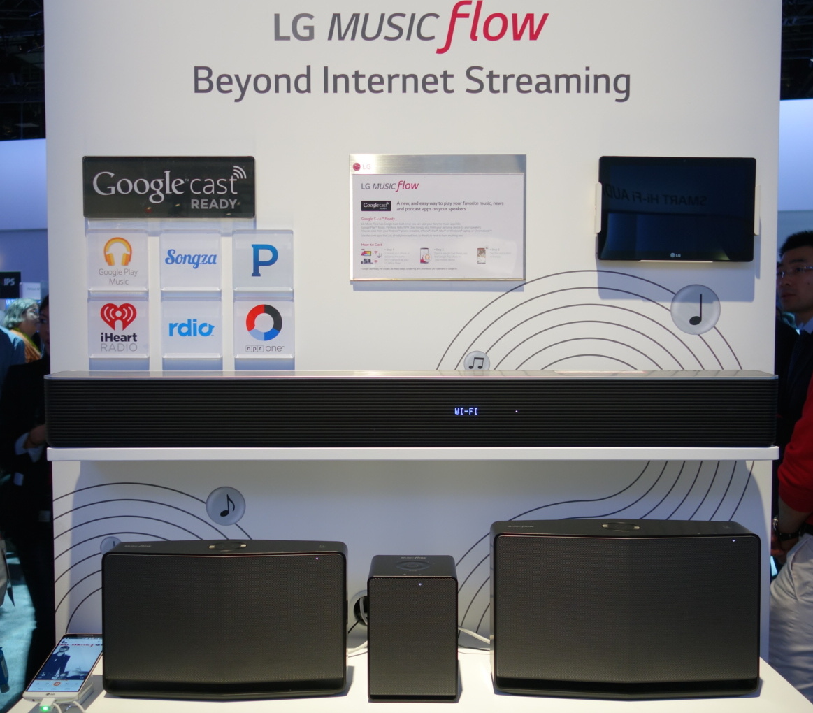 The higher-end Music Flow products from LG. The sound bar is a 7.1-channel surround speaker with an included subwoofer. No prices available on any of these yet.