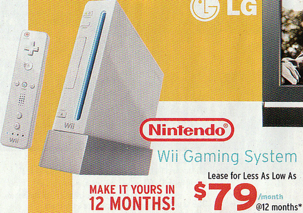 From a classic Consumerist post about a rent-to-own store selling a $250 Nintendo Wii for just $79/month... for 12 months, meaning you'd pay $948 by the time you're done. (Photo: Blitzcat)