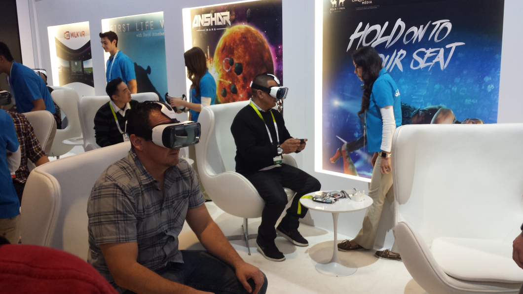 Folks trying out the demo of the Samsung Gear VR at International CES.