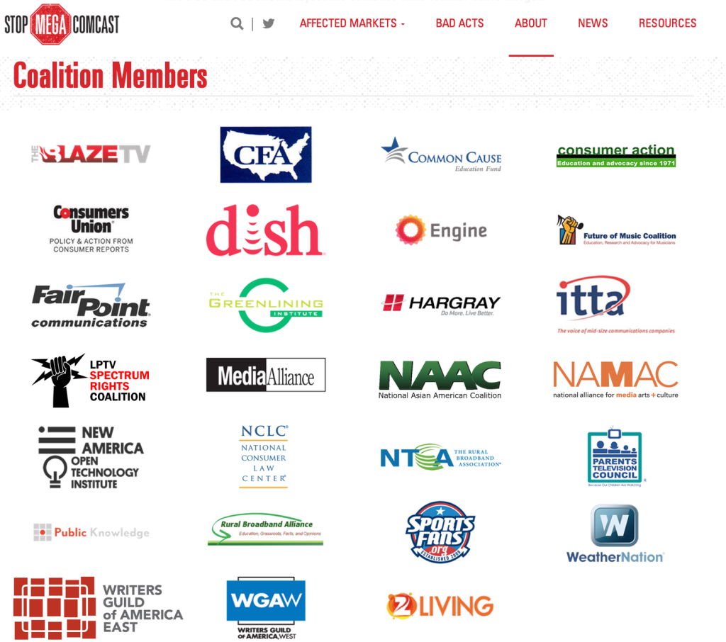 The current slate of groups involved in the Stop Mega Comcast Coalition.