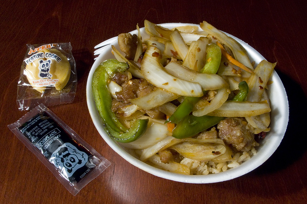 Here, the soy sauce and fortune cookie both come from Kari-Out. (Juan Calderón)