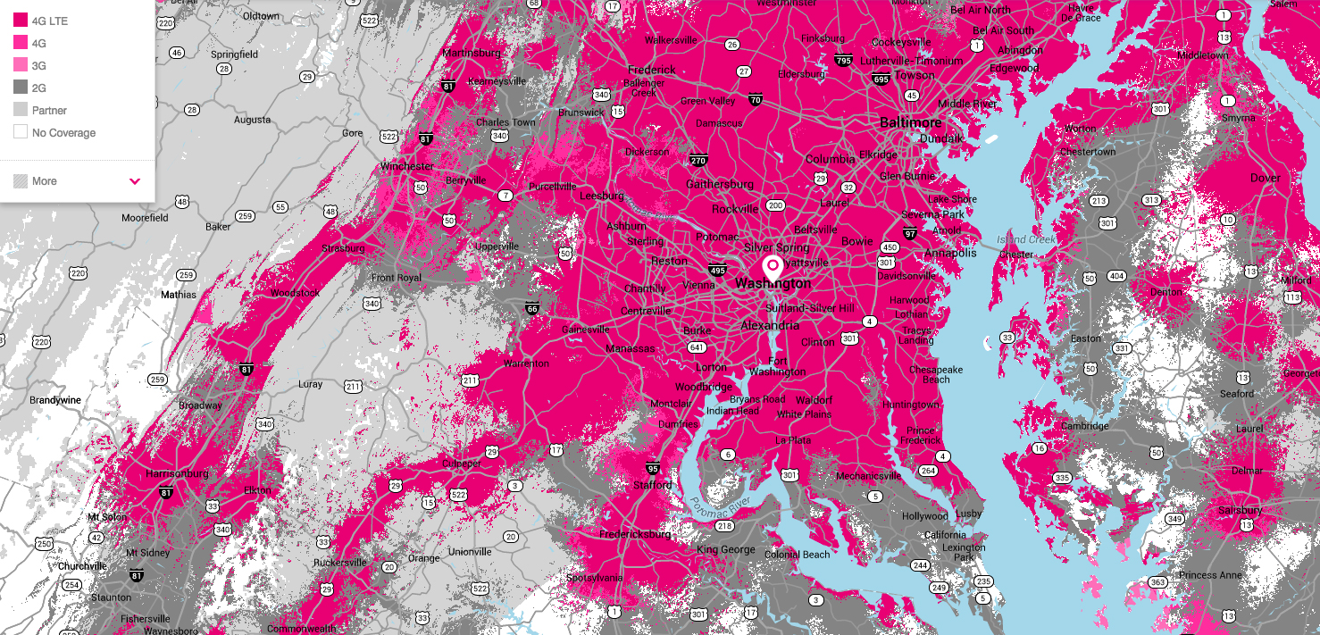 T-Mobile's dynamic coverage map for the greater Washington, DC area.
