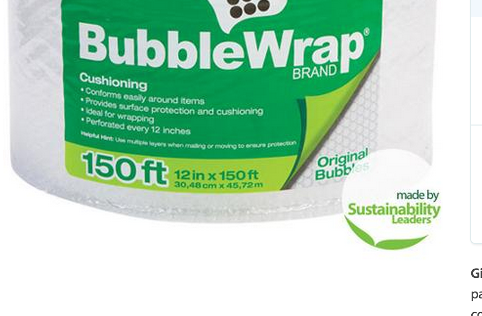 The "made by Sustainability Leaders" badge on this 150' roll of bubble tape is not necessarily an indicator of the product's environmental impact.
