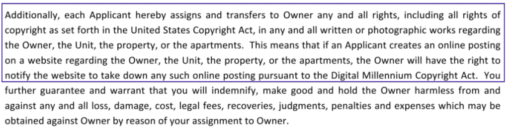 The "Social Media Addendum" for this Orlando-area apartment complex not only fines tenants $10,000 for negative online reviews, but transfers the copyright of anything you write or any images you publish about the property or its management. 