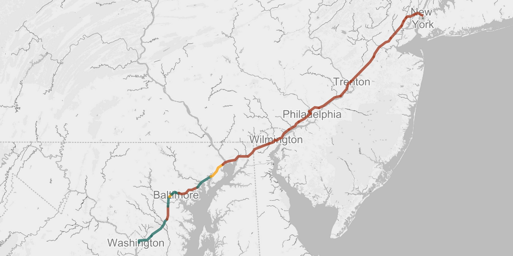 The National Journal tested download speeds on the AmtrakConnect WiFi service between D.C. and NYC. The few green spots along this line represent the only times they were able to connect with adequate broadband speeds. The swaths of red indicate speeds of anywhere from 0-.9 Mbps. (Courtesy: National Journal)
