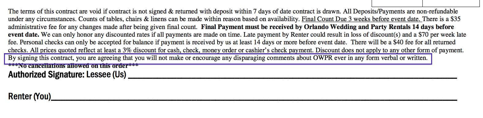 The non-disparagement clause in this wedding vendor's contract forbids customers from making disparaging remarks or encouraging others to make them.