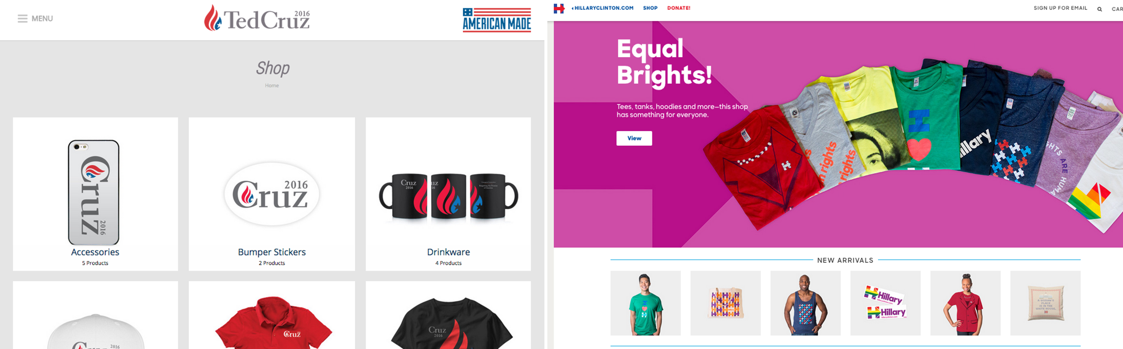 Ted Cruz's online campaign store on left, Hillary Clinton on right.