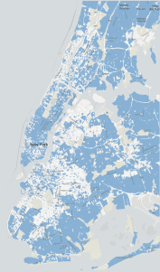 The approximate FiOS footprint in four of NYC's 5 boroughs, as of June 30, 2014.  (via the Broadband Map).