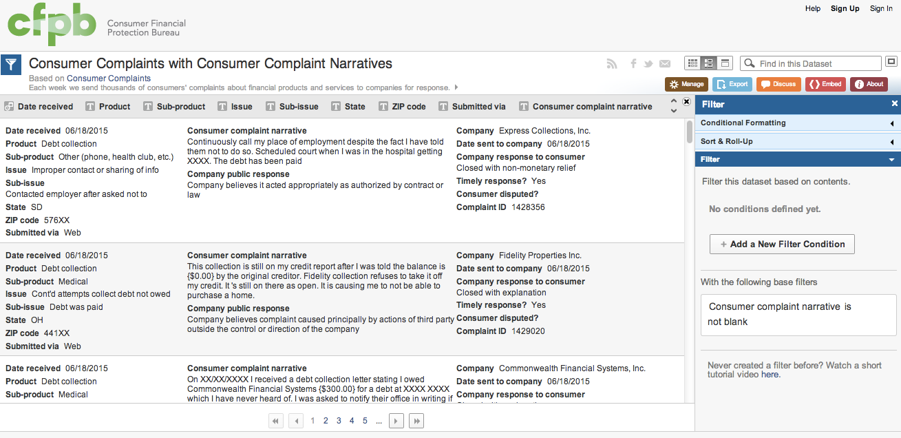 Here's snippet of the consumer narrative database.