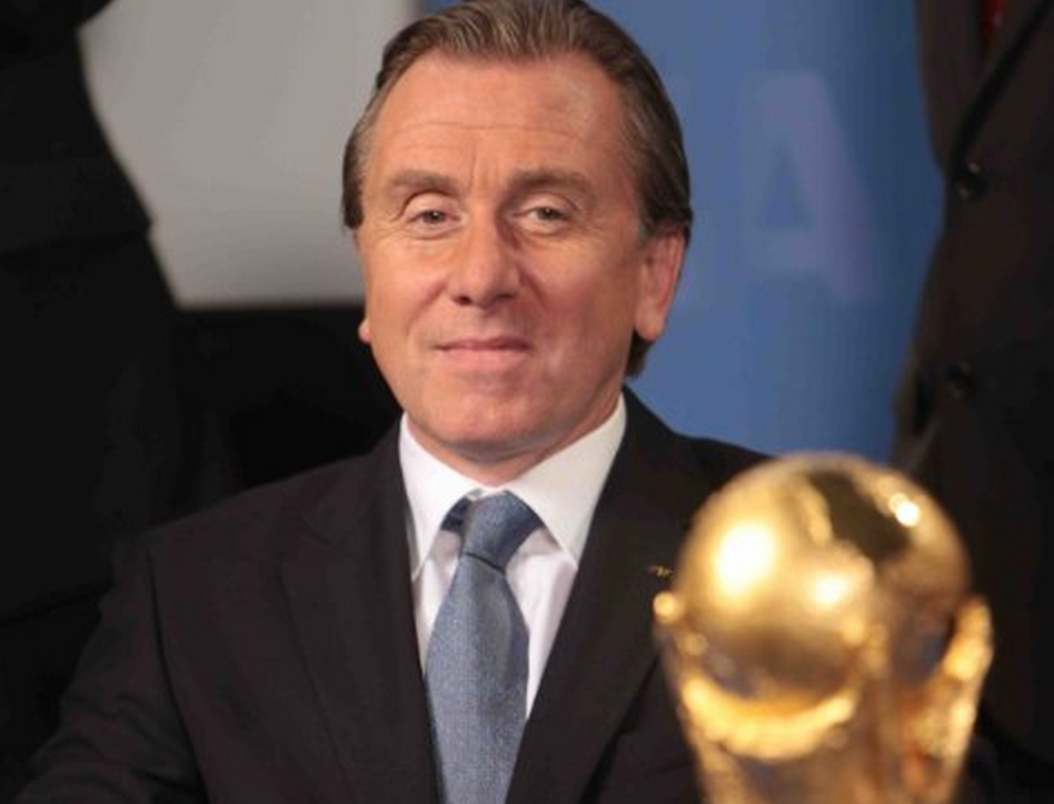 Tim Roth can barely control his excitement (or abdominal discomfort) as he portrays outgoing FIFA President Sepp Blatter during his glory years in United Passions.