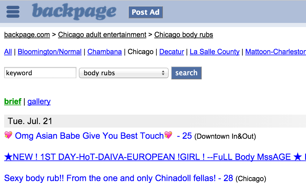 Just a sampling of the adult-entertainment listings on Backpage for the Chicago area.