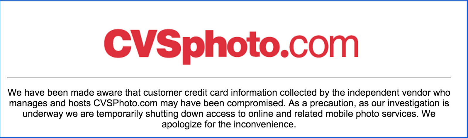 The notice currently on the CVS Photo website.