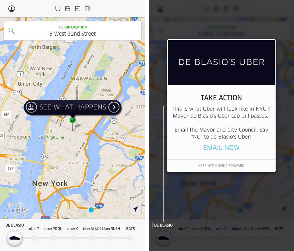 Uber's campaign against Mayor Bill de Blasio has spread to its ride-hailing app.