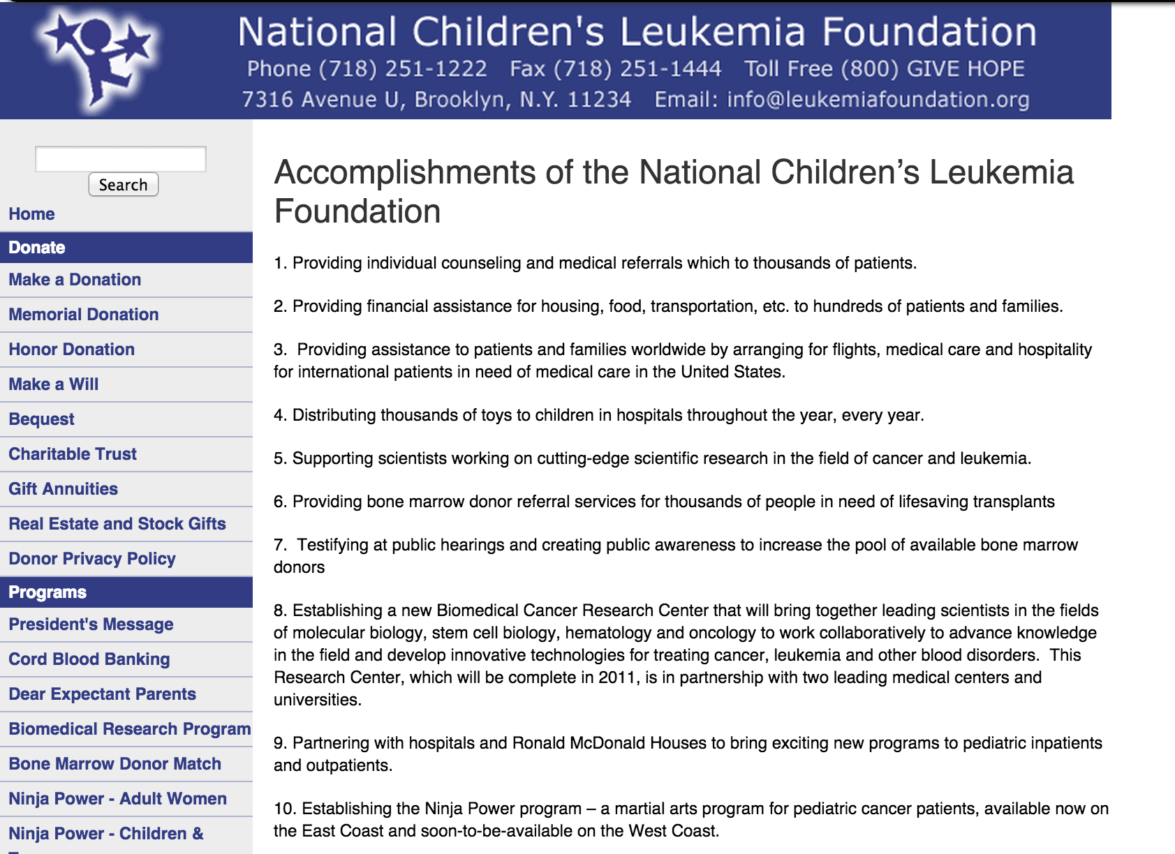 This archived page from the NCLF website shows the many programs and services that the Foundation claimed to operate. In reality, claims the state, the group was doing little to nothing to help fight leukemia.