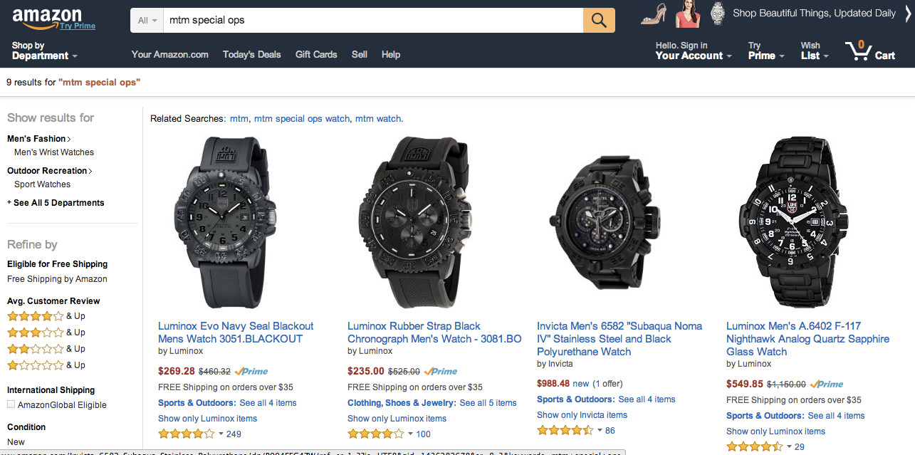 A recent search on Amazon for "MTM Special Ops" results in several other military-style watches.