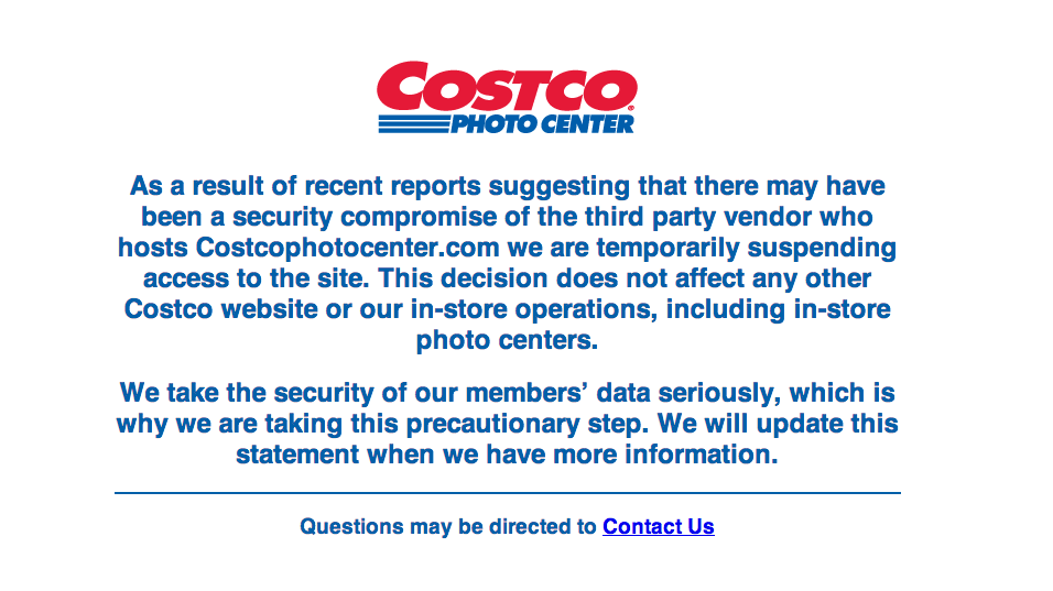 Costco, along with Rite Aid, Tesco's and Sam's Club, have suspended their photo center websites after a third-party vendor announced it was investigating a possible data breach.