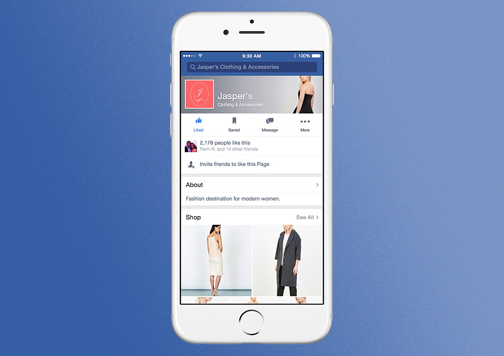 Facebook shows a fake brand in this mock-up.