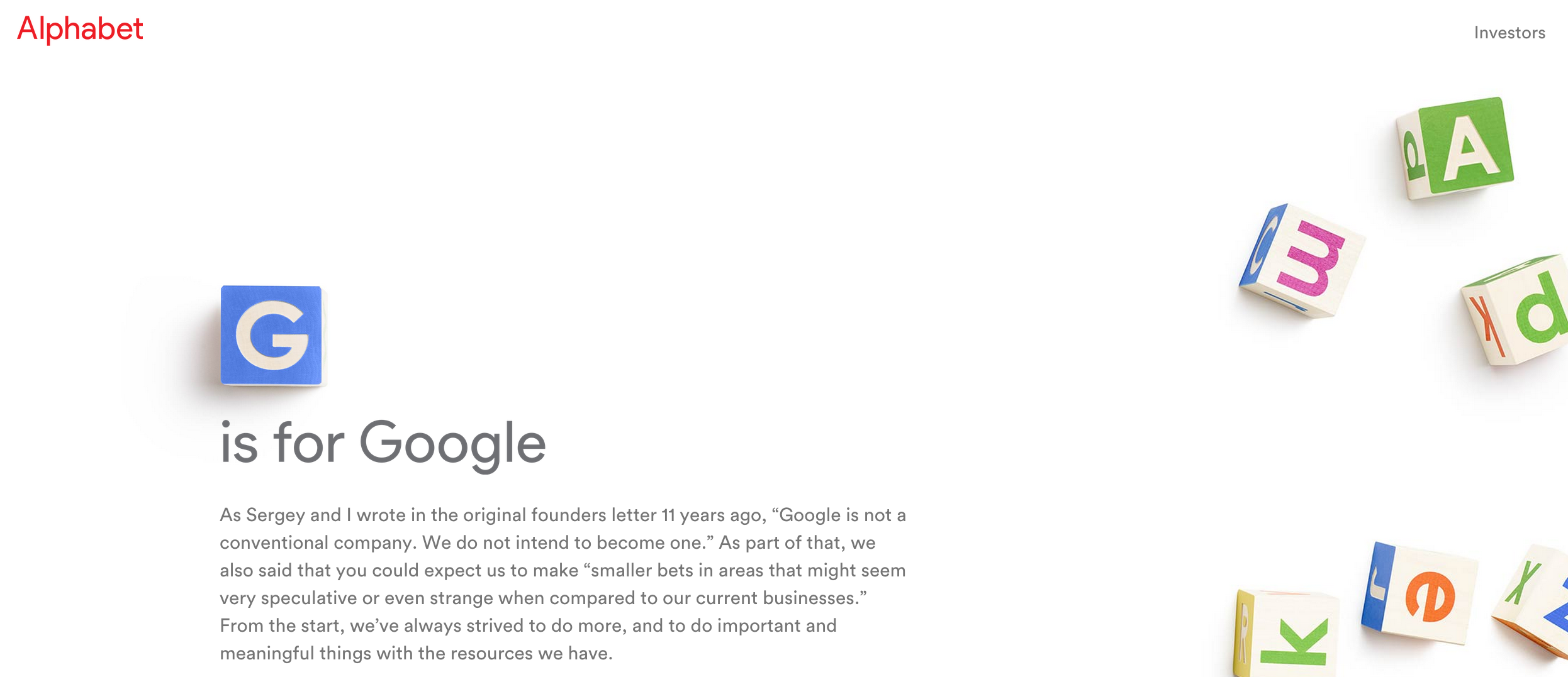 The message posted today by CEO Larry Page on ABC.xyz, the homepage of Alphabet Inc.