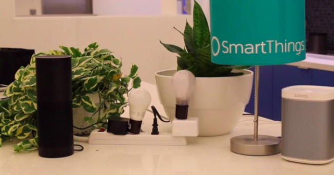 A demo of the new SmartThings/Echo partnership showed users commanding the speaker to turn on and dim lights.