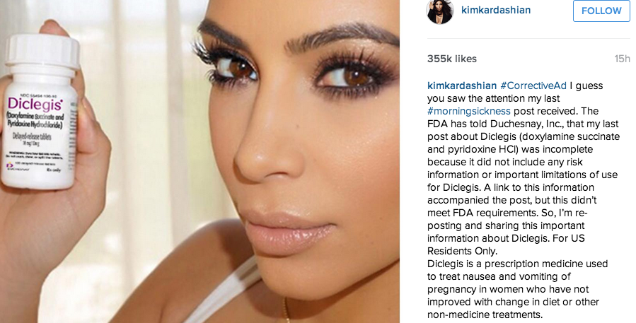 Kim Kardashian issued a corrected endorsement for morning sickness pill after the FDA took issue with a first post's lack of acknowledgement of associated safety risks.