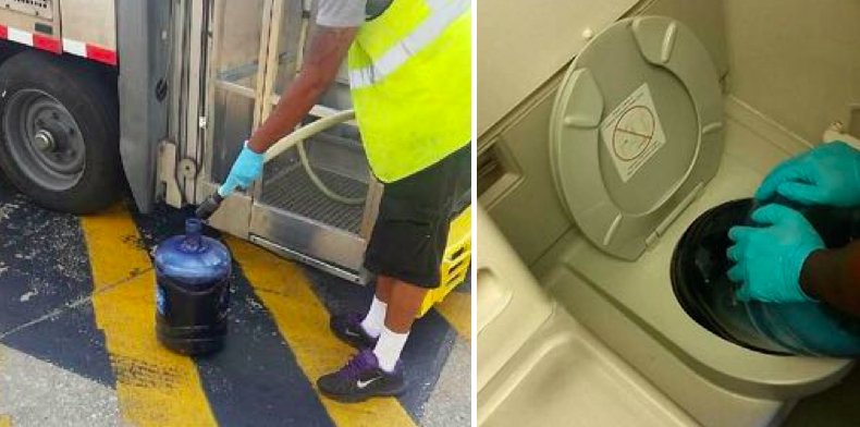 Photos from the lawsuit: On the left, a worker fills a jug with blue juice using a hose that should be hooked into the bottom of the plane; Right, a worker dumps blue juice in an airplane lavatory.