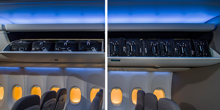 The new "space bins," featured on the left, can hold two more bags than traditional overhead bins. 