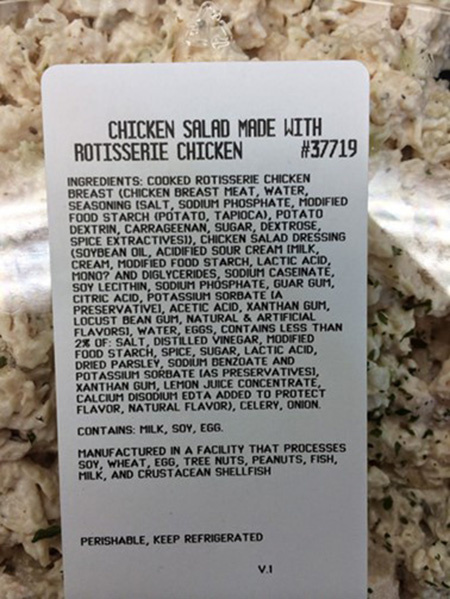 The label for the Costco chicken salad responsible for the outbreak. Researchers have not yet identified which ingredient is the source of the E. coli.