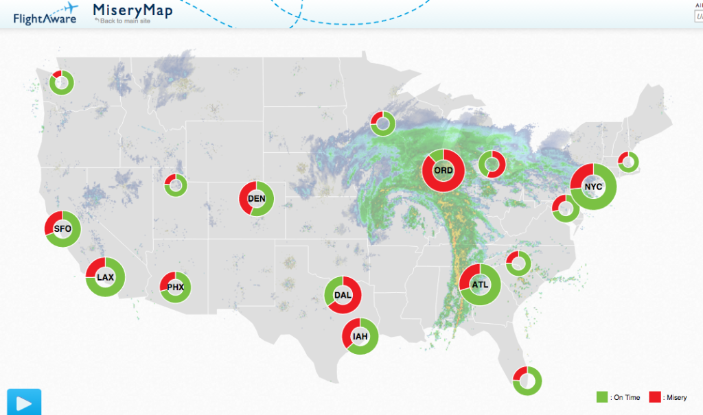 FlightAware.com's Misery Map, as of 3:30 ET on Monday.