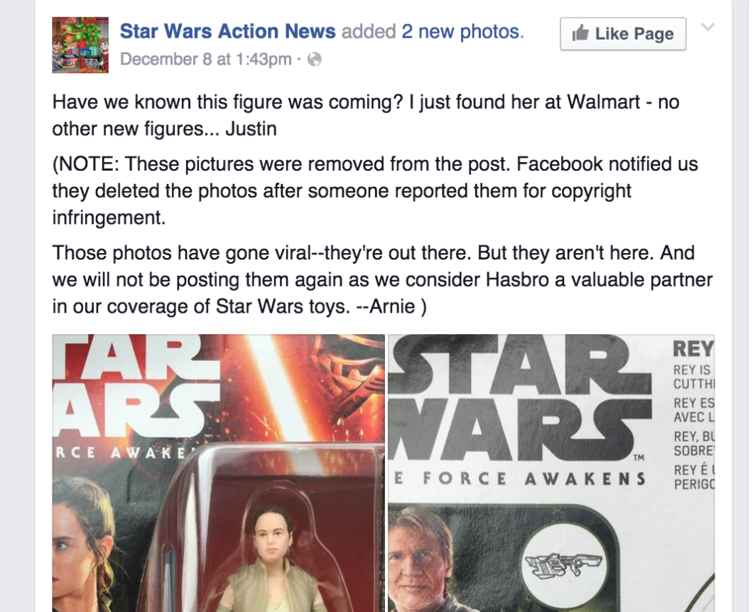 This post on the SWAN Facebook page was hit with a copyright claim by Disney. The claim was initially retracted, but then re-sent by Disney only hours later, resulting in the removal of the entire post.