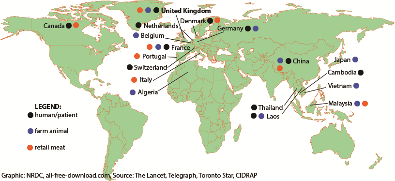 A map showing the countries in which the MCR-1 gene has been confirmed.