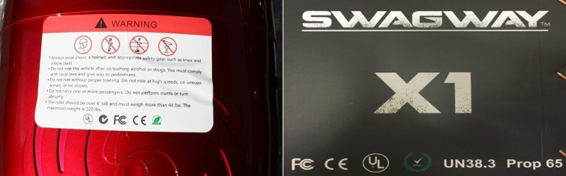Images from UL showing alleged counterfeit mark on a Swagway product.