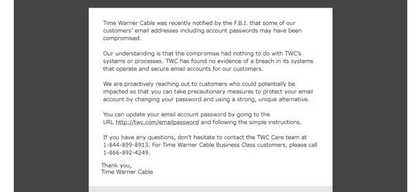 A copy of the alert sent out by TWC to affected customers 