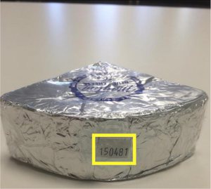 Blue cheese sold by Maytag Dairy Farms can be identified by a code on the back of the package. Packaging is different for product bought at Whole Foods.