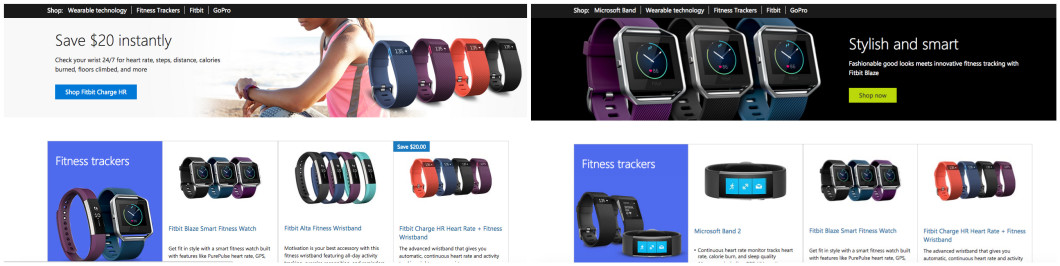 Microsoft's website no longer shows the Band wearable device (left). Previously, the site showcased the device and included its name at the top (left). 